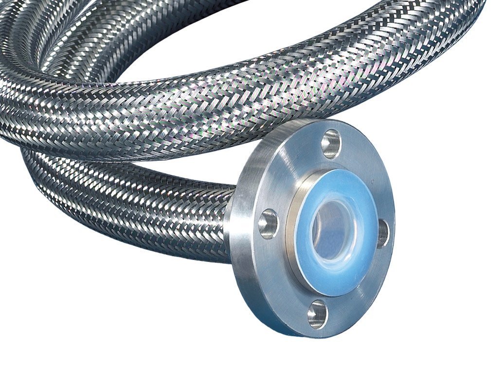 PTFE CONVOLUTED HOSE WITH SS 304 SINGLE BRAID SIZE 1" X 1.5 METER LONG BOTH END FLANGE WITH PTFE LINE STUB END