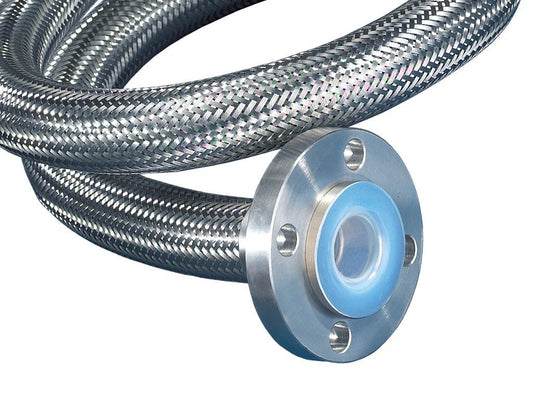 PTFE CONVOLUTED HOSE WITH SS 304 SINGLE BRAID SIZE 1" X 15 METER LONG BOTH END FLANGE WITH PTFE LINE STUB END